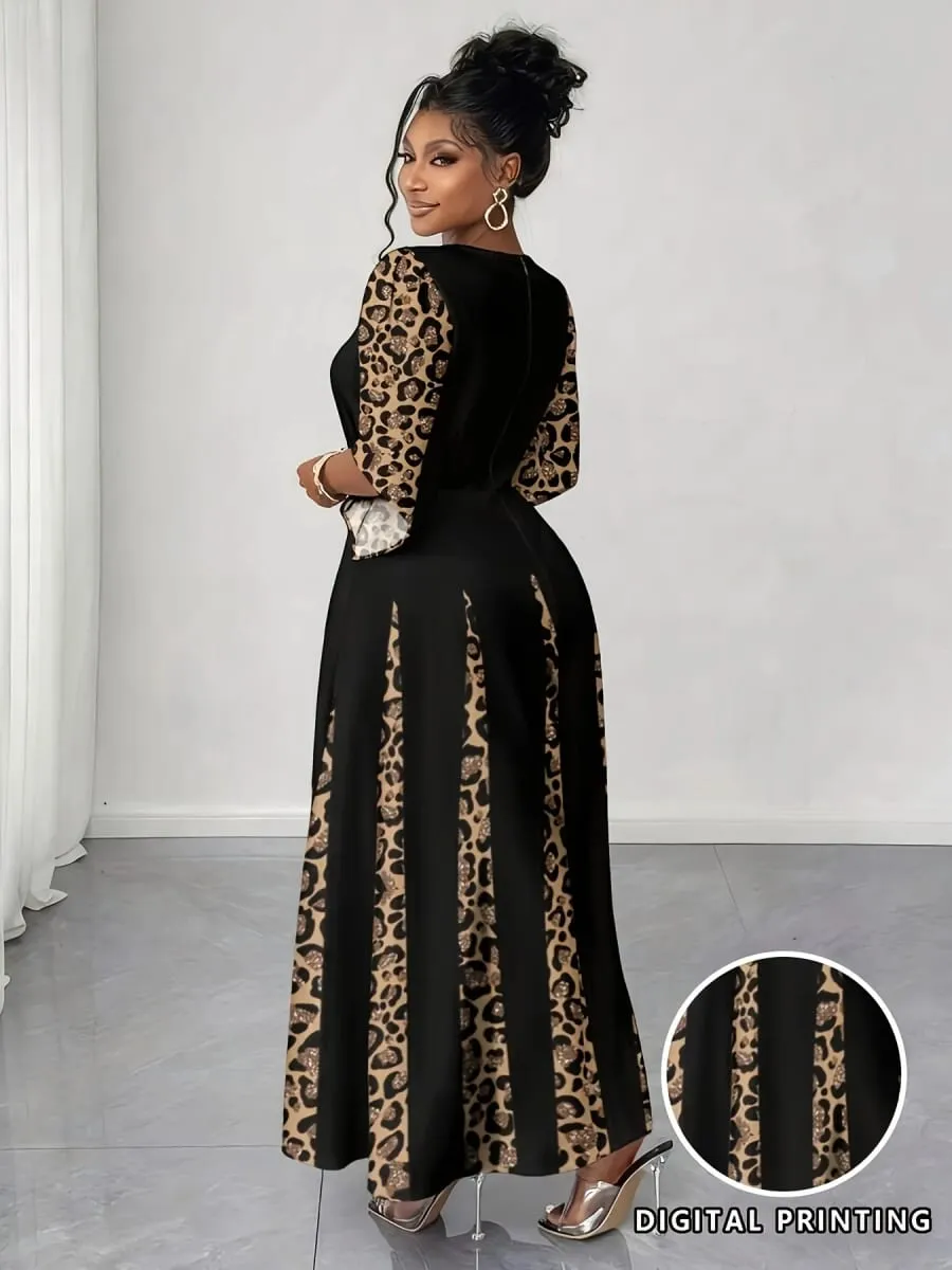 Elegant Leopard Print Maxi Dress Plus Size Fashionable Long Sleeve Gown Comfortable & Stylish Women's Clothing — image 3