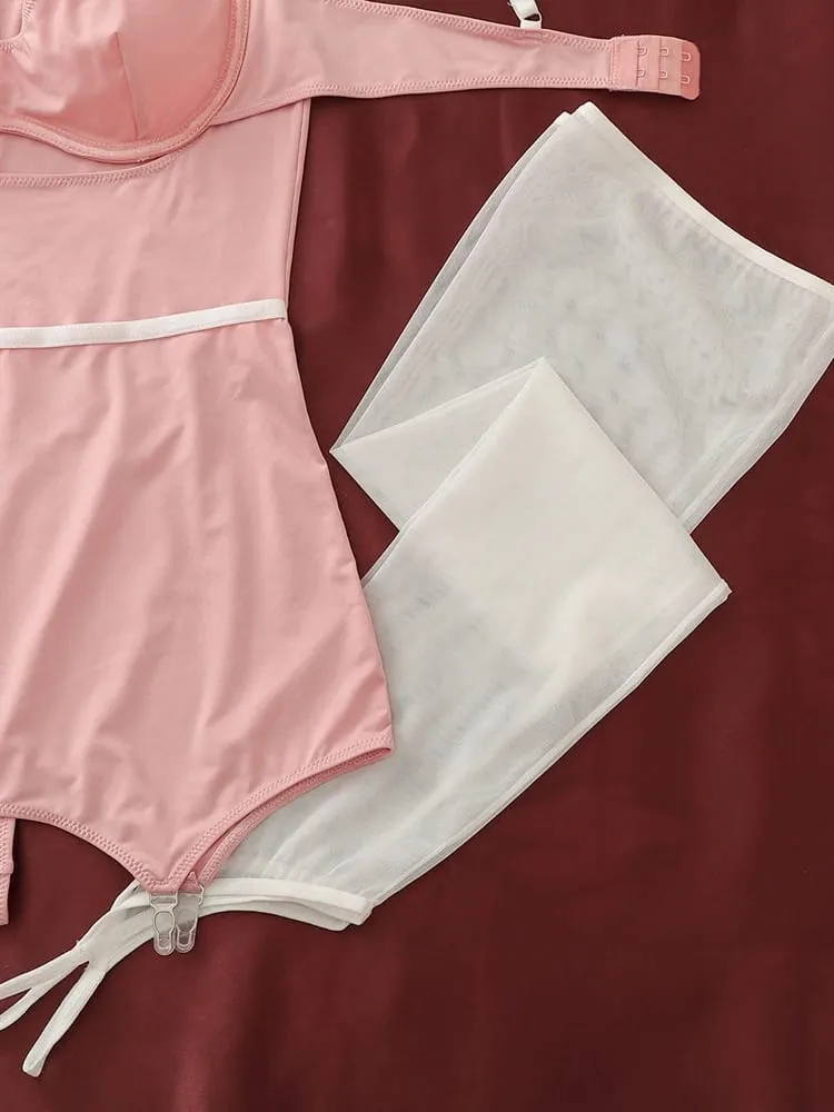 Belamimi Women 4Pcs Pink Sexy Lingerie Set Body Shaping Cami Jumpsuit Thigh High Stockings Club Mesh Sleepwear Party Costume