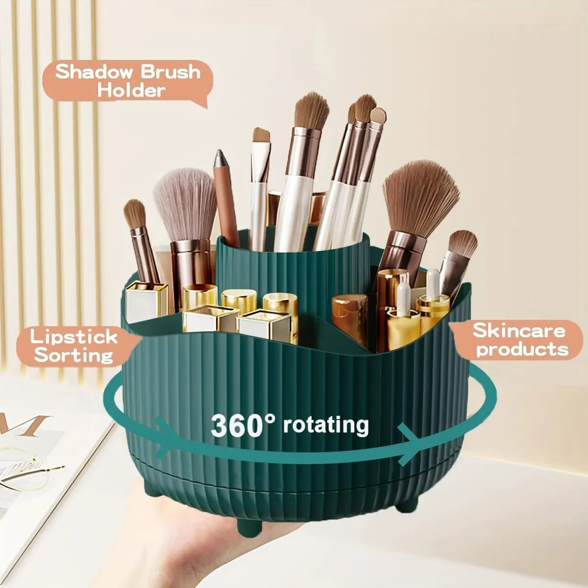 360-Degree Rotating Makeup Organizer 5 Slot Plastic Cosmetic Storage Elegant Stripe Versatile Holder for Brushes Office Supplies — image 2
