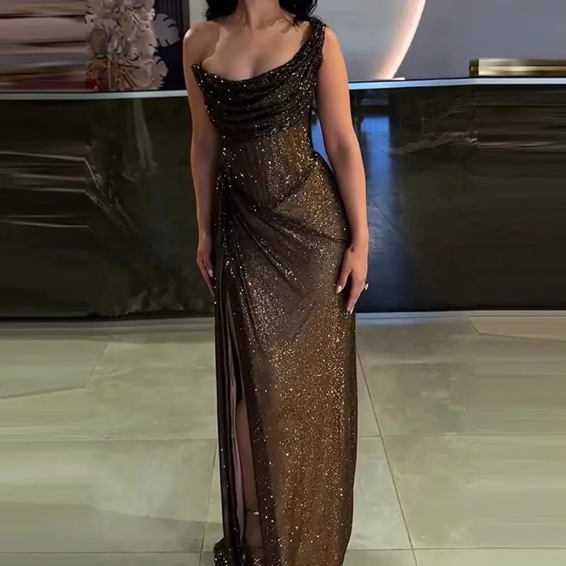 Sexy Elegant Full Length High Split Party Dress Chic Girdling Banquet Maxi Dress Luxury Women One Shoulder Glitter Slim Dress — image 4