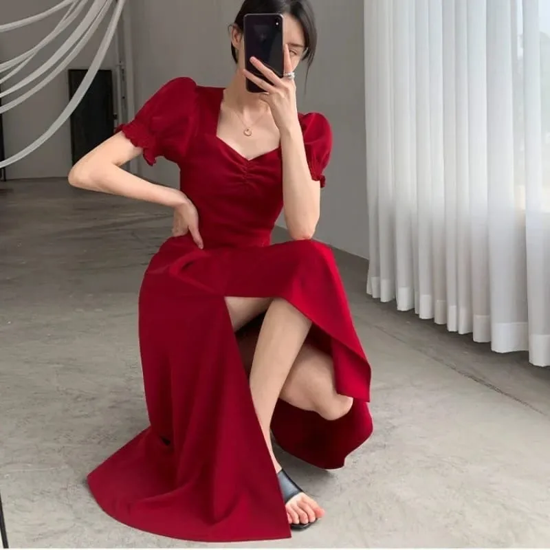 Sólido puff manga curta elegante vestido de fenda nova moda feminina com decote em v vestidos completos senhoras cintura alta magro vestidos de festa de noite — image 5