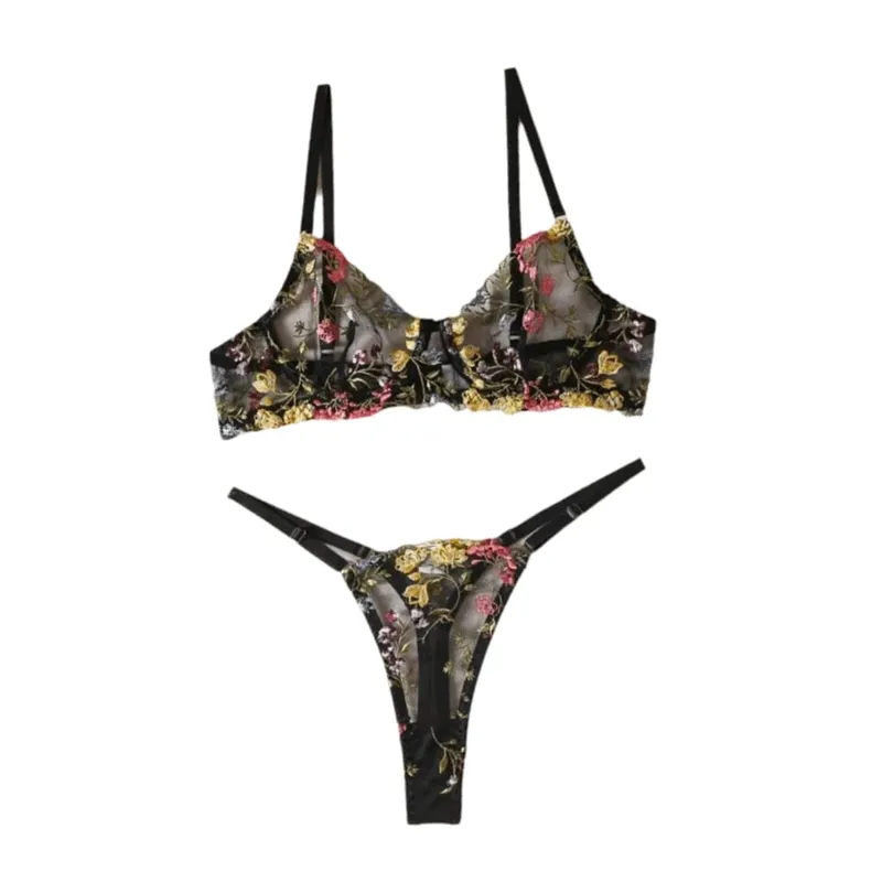 Versatile Transparent Lingerie Set Ultra-thin Push Up Embroidery Floral Underwear Elegant Panties Bra Set Girl