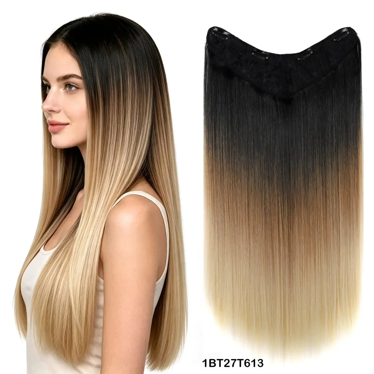U Shaped One Piece Clip In Hair Extensions 4 Secure Clips Straight Ombre Synthetic Hairpiece 140g For Daily Party