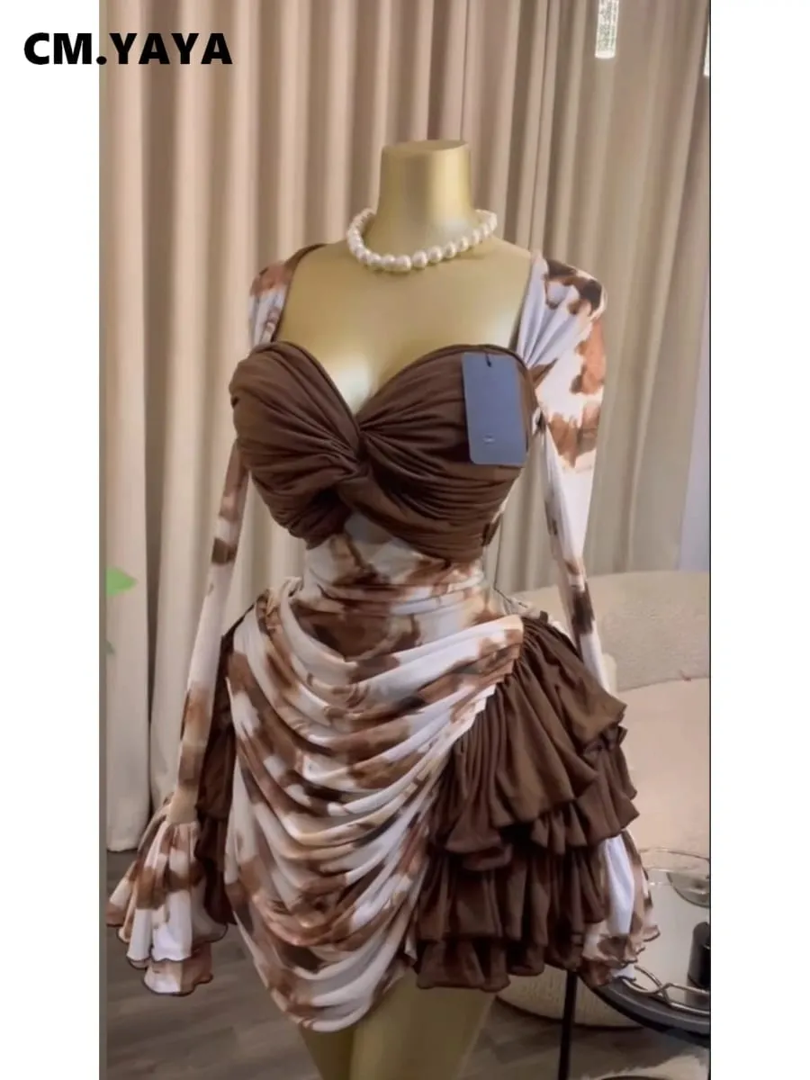 CM.YAYA Kvinnor Tie Dye Print Cascading Volanger Bell Långärmad Bodycon Ruched Draperad V-ringad Klänning Semester Strand Semesterklänningar — image 3