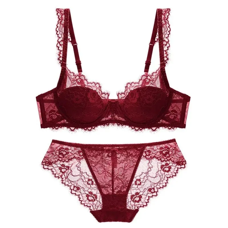 Lightly Lined Eyelash Lace Thin Cup Bra and Panties Set Underwear with Push Up Soft Comfortable Breathable Sexy Female Lingerie — image 6
