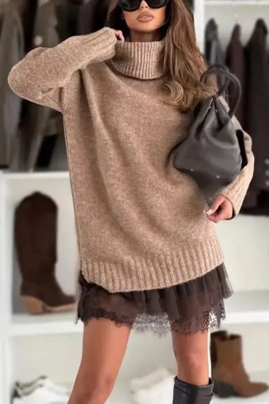 Novo vestido feminino 2 peças camisola de malha gola alta renda solta moda ombro gota manga longa mini saia feminina — image 8