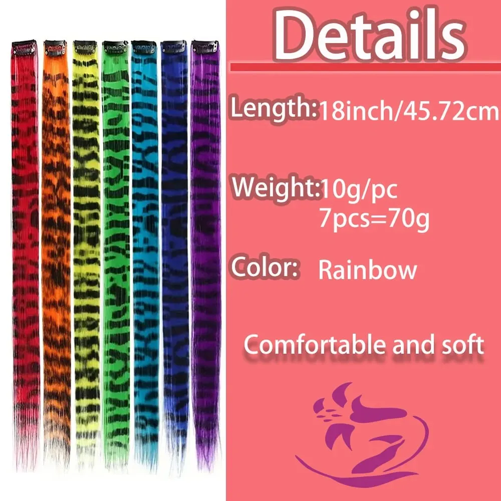18' 7 Pcs Rainbow Long Straight Zebra Print Synthetic Feather Clip in Hair Extensions for Women Ideal Halloween Christmas — image 5