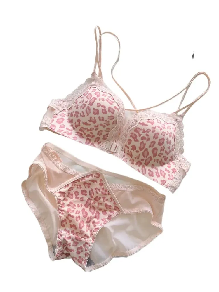 Victoria Style MOYISU Pink Leopard Wireless Bra Set Front Hook Design Push Up Bralette Sexy Back Lingerie To Boost Small Bust — image 4