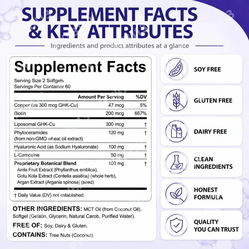 ArtoaLabs GHK-Cu Copper Peptide 300mcg Supplement Advanced Skin Hair Complex with Hyaluronic Acid Biotin Daily Wellness Adluts — image 3