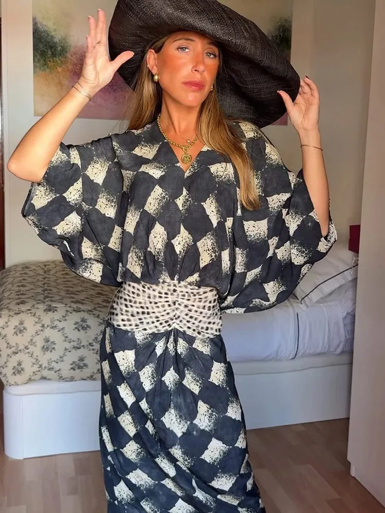 Women Dress Printed V-Neck Batwing Sleeve Cinched Waist Maxi Dresses Loose Fit Flowy A-Line Skirt Elegant Beach Chic Outerwears