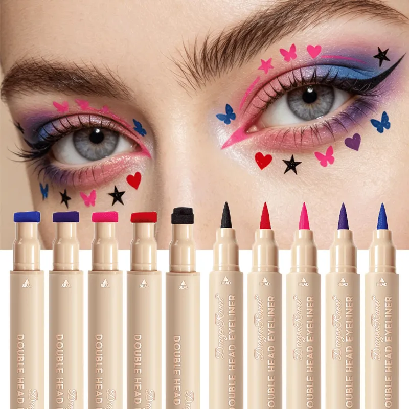 Double Head Stamp Liquid Eyeliner Smudge-Proof Quick Drying Waterproof 2 in1 Colorful Love Star Butterfly Eye Line Pencil Makeup