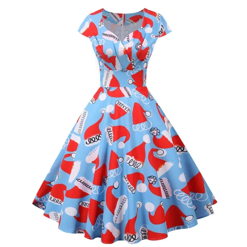 Moda decote em V manga curta estampado vestido de Natal grande balanço vintage elegante vestido de festa de Natal — image 3