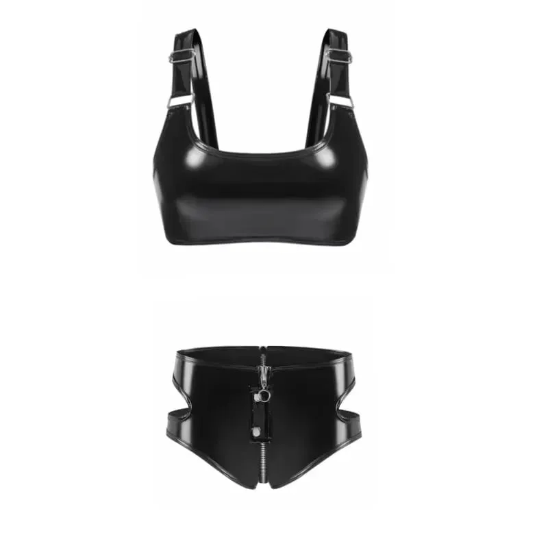 Conjunto de sutiã de couro sintético feminino, look molhado pvc, lingerie sem fio, sem forro, bralette punk com zíper, cuecas de virilha, roupa de balada