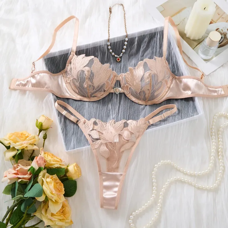 Conjunto de lingerie bordada floral champanhe, malha de cetim, sutiã fio dental, roupa íntima feminina, lua de mel, boudoir za824031