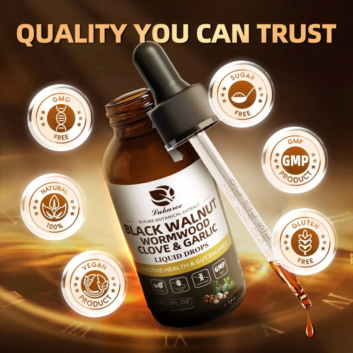 Lukaree 10 IN 1 Black Walnut Wormwood Drop Rapid Gut Cleanse & Digestive Health Detox 98% Absorption Vegan Gluten-Free