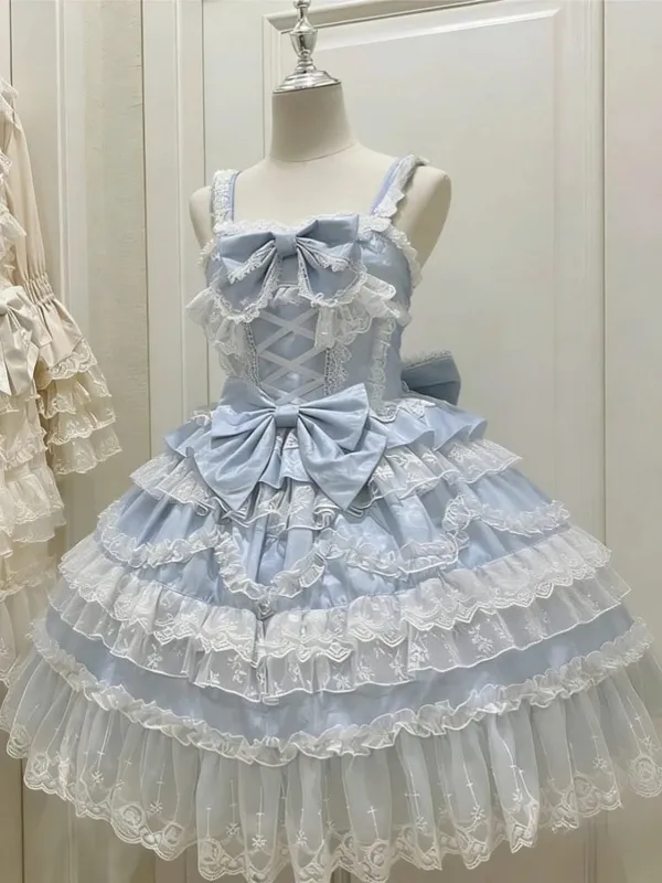 Y2K Sweet Lolita Jks Strap Dress Women Solid Ruffle Lace Bow Patchwork Kawaii Princess Ball Gown Knee-Length Elegant Party — image 11