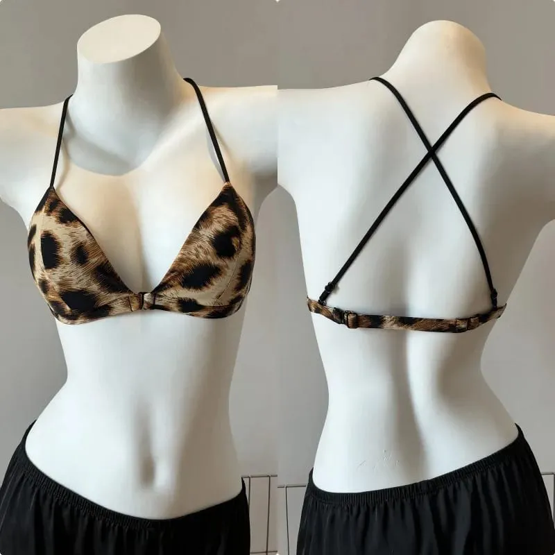 Hot Sale Leopard Print Bra French Triangle Front Closure Thin Beauty Back Spaghetti Strap Comfy Lingerie For Women Summer Daily — image 3
