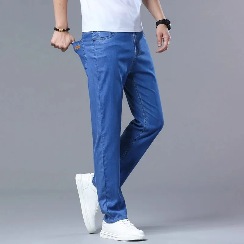 Lyocell Jeans Summer Ultra-Thin Elastic Straight Men's Denim Pants Fashion Korean Soft Drape Cool Business Casual Trousers — image 6