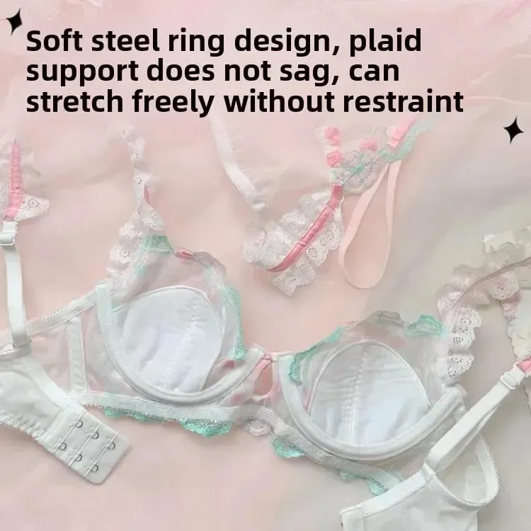 French Style Lace Embroidery Bra Set Women's Underwear Anti-Sagging Thin Design Sweet Pure Desire Wireless Comfortable Bandeau — image 6