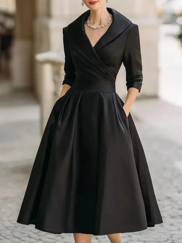 Women's Vintage V Neck Long Sleeve Wrap Waist A Line Midi Dress with Pockets — image 6