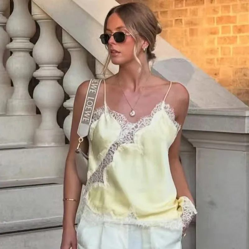 2025 Žena Asymetrické Slip Top Ženy Sexy Černá Žlutá Modrá Top Krajka Tanky & Camis Elegantní Košilka bez rukávů Y2K bez zad — image 5