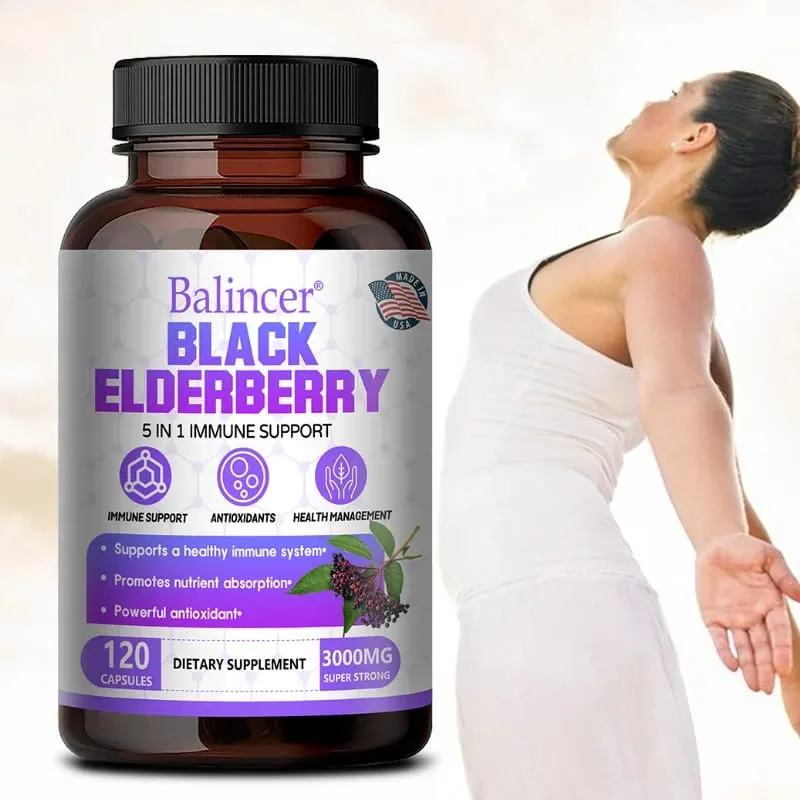 Black Elderberry Capsules with Milk Thistle Vitamin C Zinc Antioxidant Immune Support Skin Respiratory & Digestive Health
