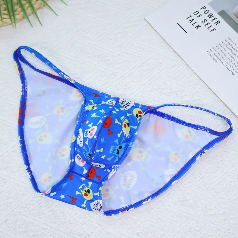 Cuecas masculinas de cintura baixa com bolsa grande e estampa de caveira, tecido elástico confortável para uso diário