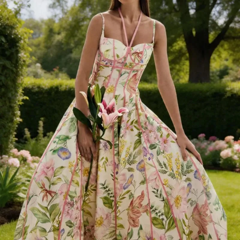 Feminino retro floral impressão espartilho maxi vestido sexy sem mangas halter pescoço flowy vestido longo senhora verão férias namoro streetwear — image 4