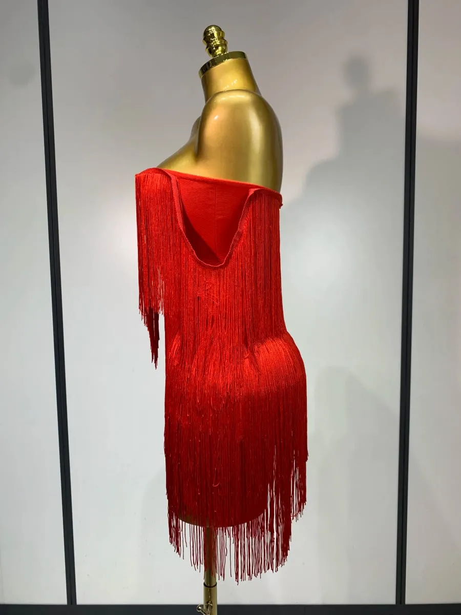 Women Sexy Strapless Tassel Off Shoulder Bandage Dress Fancy Club Celebrity Evening Party Mini Bodycon Dress Birthday Vestido — image 3