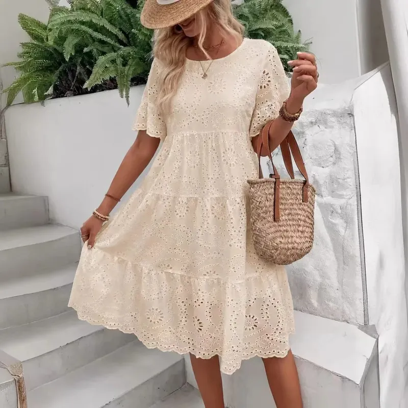 Pambabaeng White Eyelet Embroidery Midi Dress Hollow-out Boho Flowy Ruffle Tiered Dress Casual Short Sleeve Summer Beach Dresses — image 12