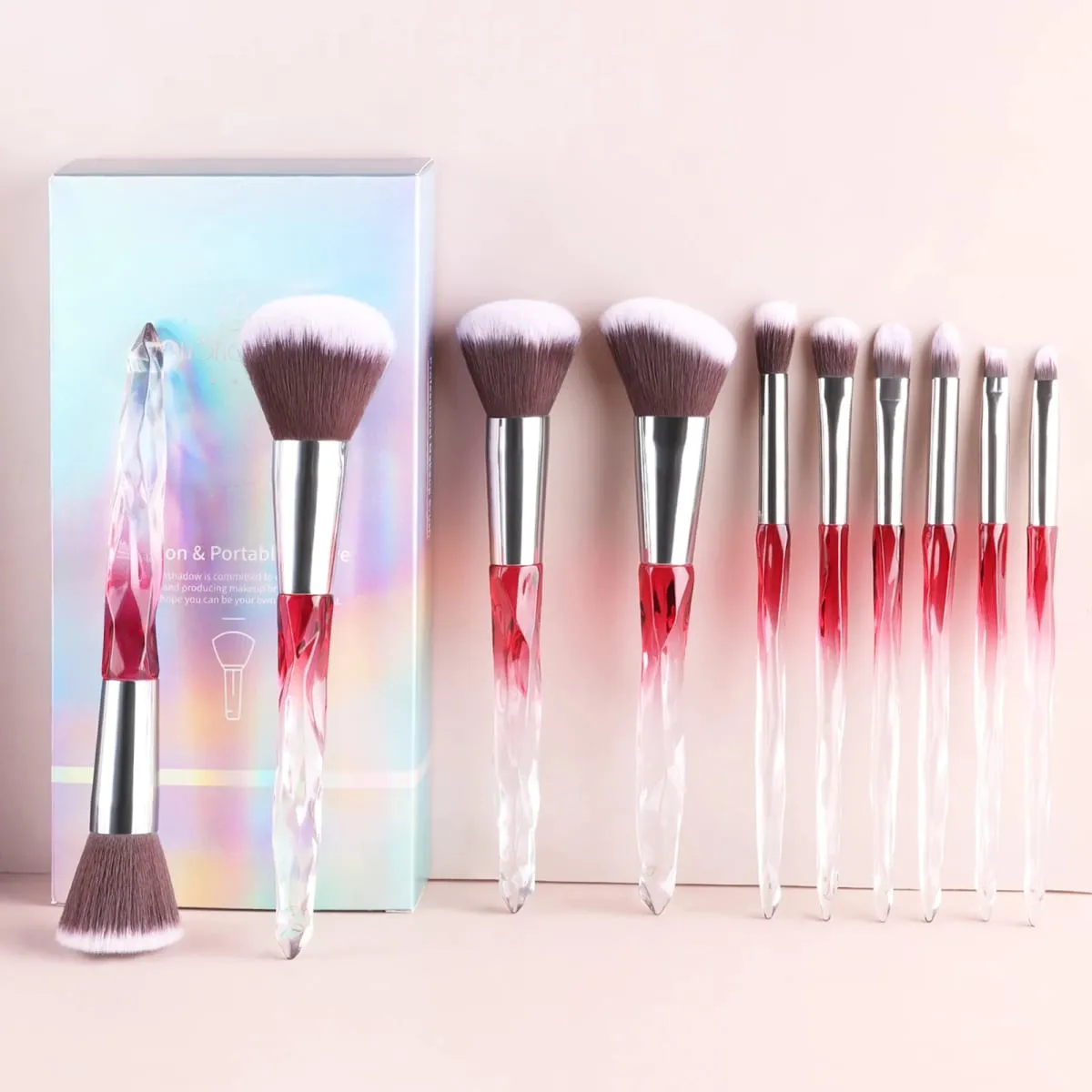 10Pcs Shiny Crystal Handle Makeup Brush Set with Case Round Loose Powder Brush & Flat Foundation Brush for Eye Makeup — image 3