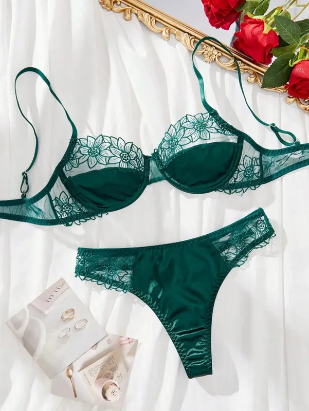 Hot-Selling 2-Piece Floral Embroidery Sexy Bra Set - Sunflower Embroidered Underwired Semi-Sheer Lingerie Set Ideal for Dates — image 3