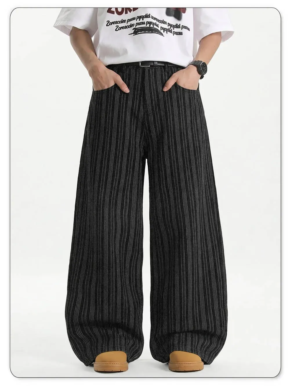 Men's Retro Vertical Stripe Jacquard Baggy Wide Leg Jeans Washed Denim Trousers Y2K Skater Hip Hop Streetwear Daily Casual — image 8