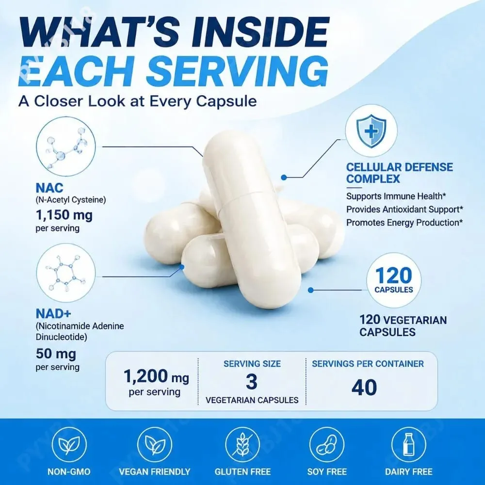 NAC 1150mg NAD+ 50mg Capsules Cellular Defense Complex for Antioxidant Support Immune Health & Energy Production Non‑GMO 120 Ct — image 6