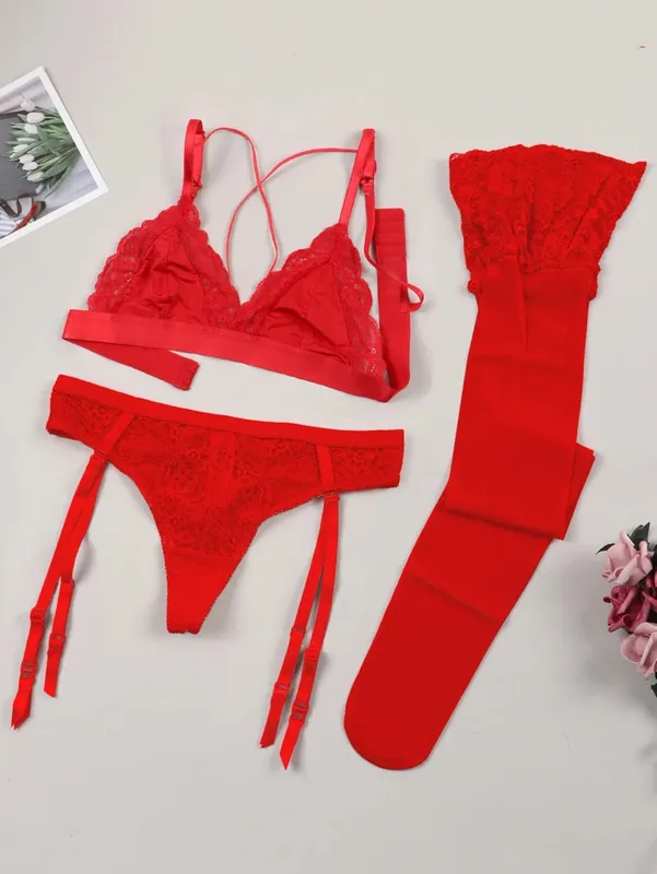 Varsbaby Women Lace Bra Set Non Padded Bra Panty Garter Stockings Summer Underwear Lingerie Sexy — image 11
