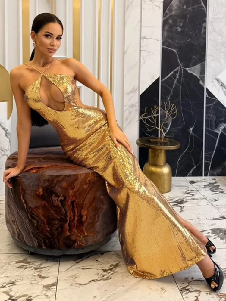 VC Women's Gold Sequins Luxury Party Gown Sexy Backless Long Dress Para sa Wedding Banquet Party Pambabaeng Damit — image 5