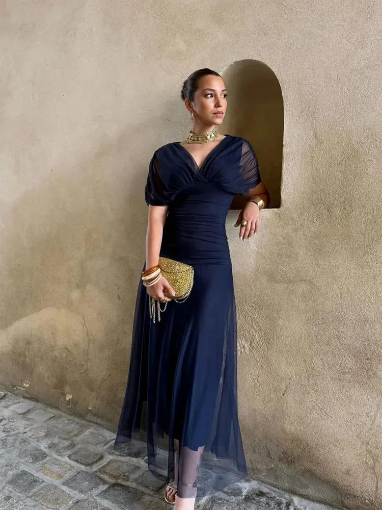 Women Solid Deep V-neck Mesh Long Dress Elegant Puff Short Sleeve Ruched Waist High Vestidos 2026 Summer Lady Casual Street Robe — image 6