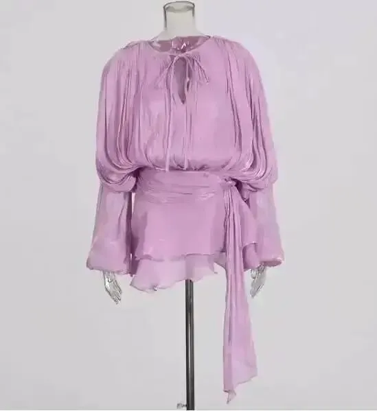 2026 nova moda verão roupas femininas em torno do pescoço lanterna mangas cetim vestido curto com shorts sob duas peças conjunto — image 18