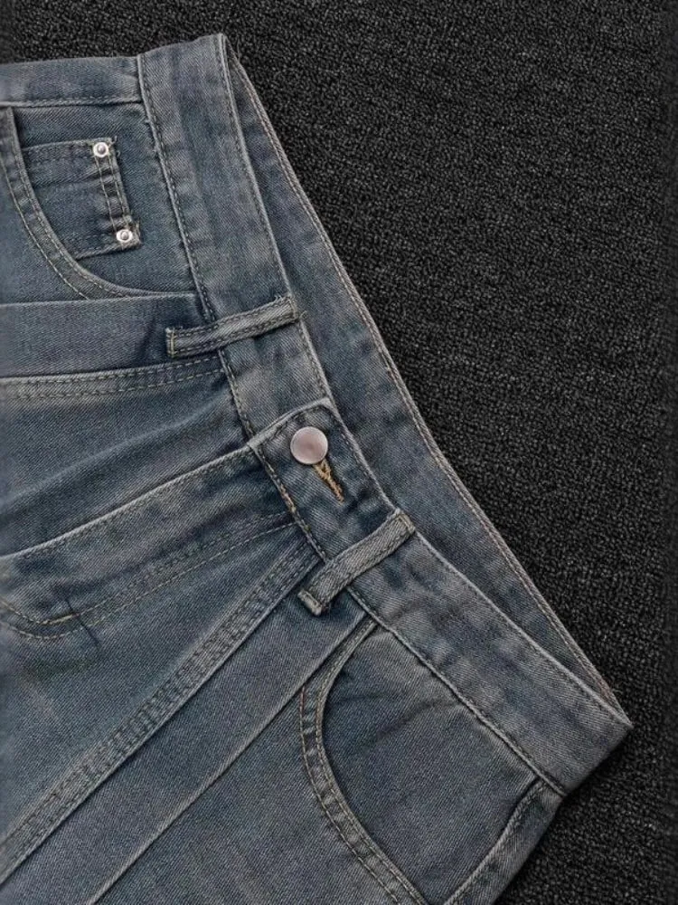 Mens Jeans American Vintage Streetwear Dark Blue Wide Leg Denim Pants Patchwork Contrast Stitch Washed Loose Fit Retro Fashion — image 5