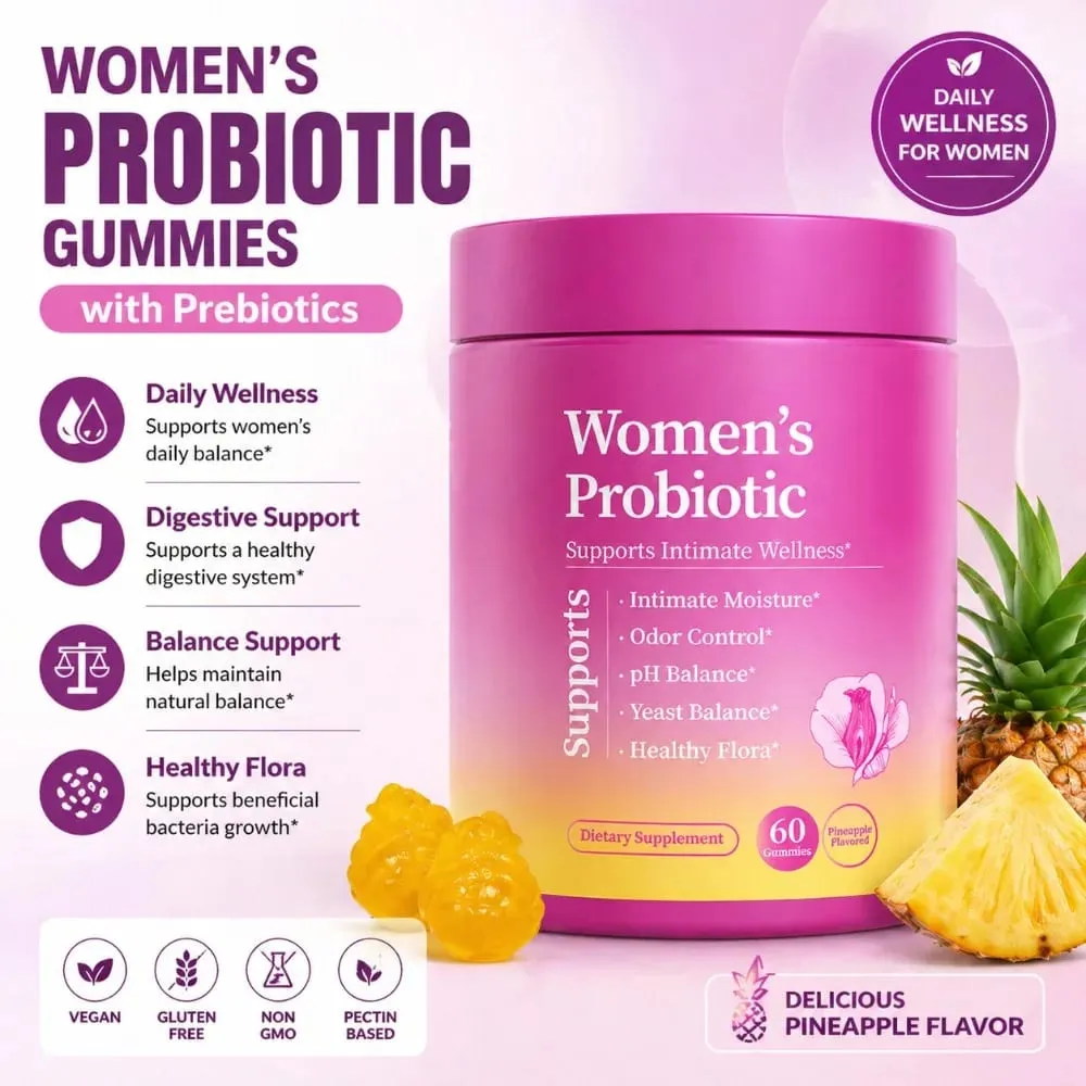 Women’s Probiotic Gummies with Prebiotics Pineapple Flavor Vegan Daily Supplement Digestive Friendly Formula 60 Count — image 1