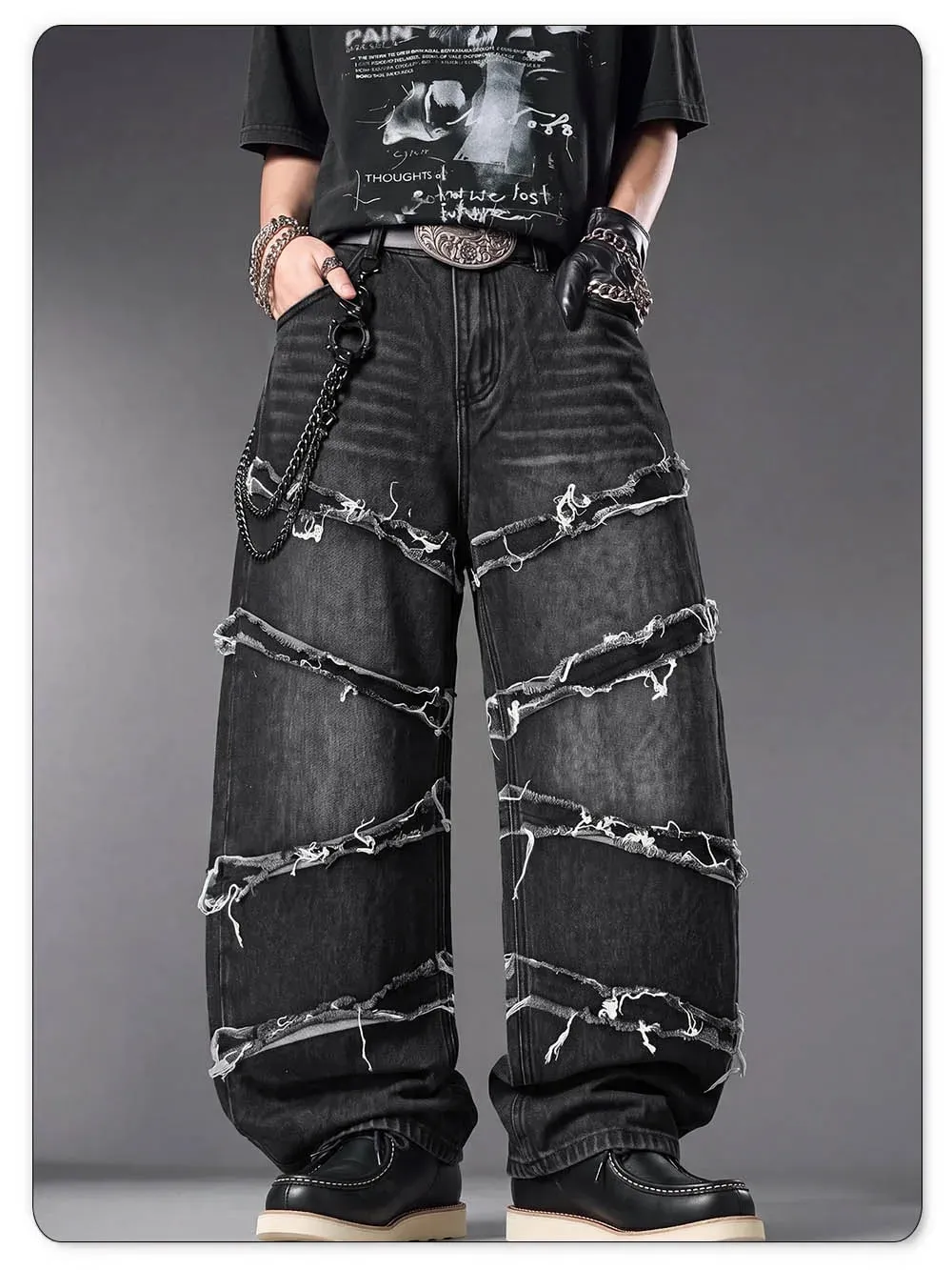 Men's Gothic Baggy Jeans Raw Frayed Edge Deconstructed Patchwork Wide Leg Denim Pants Y2K Punk Streetwear Trousers — image 3
