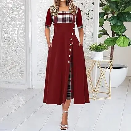 Pambabaeng Irregular Lattice Patchwork Long Dresses Vintage Buttons O Neck Half Sleeves Casual Lady Commuting Dress Fashion — image 10