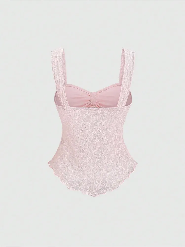 2026 Summer Women Y2K Coquette Floral Lace Knotted Bow Slim Fit Irregular Ruffled Hem Sweetheart Neck Wide Strap Cami Tank Top — image 2
