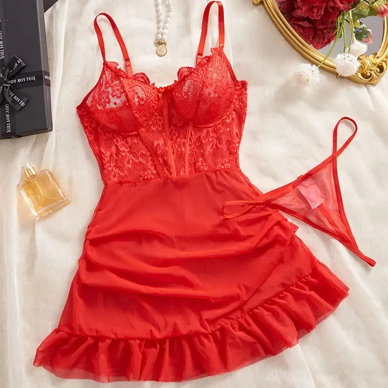 Hot Sexy Lace Splicing Dress Women Lingerie See Through Nightdress Solid Slim Soft V Neck Corset Push Up Bra Underwear Thong Set — image 2