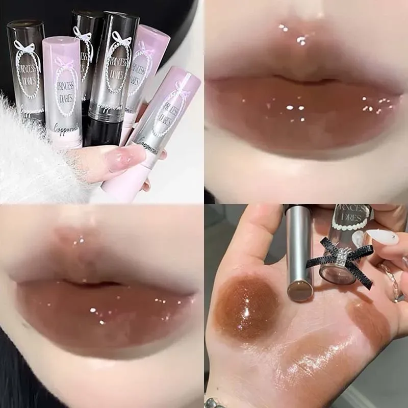 Kaca Cermin Kristal Merah Jambu Pepejal Lip Gloss Tiub Bulat Gincu Air Ringan Jeli Jelas Sapuan Bibir Coklat Bogel Pelembap Bibir — image 6
