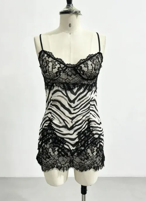 Sexy cinta de espaguete zebra impressão deslizamento vestido recortado renda hem v pescoço bodycon mini saia feminina verão data festa férias outfit
