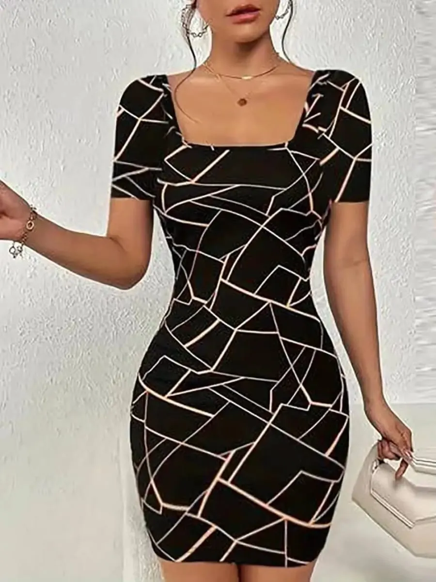Women Dress Square Neck Short Sleeve Geometric Print Bodycon Mini Dress Sleek Spring Summer Chic Party Club Night Out Flattering — image 1