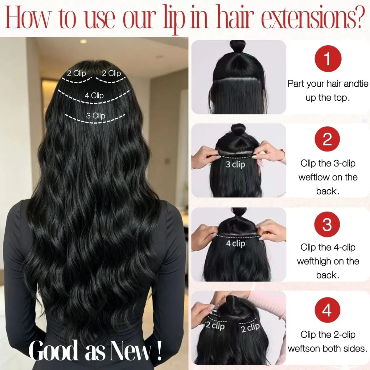 4-Piece Set Women's Synthetic Clip-in Wig Extensions Long Wavy Thick Clip-in Wig Pieces Voluminous Wig