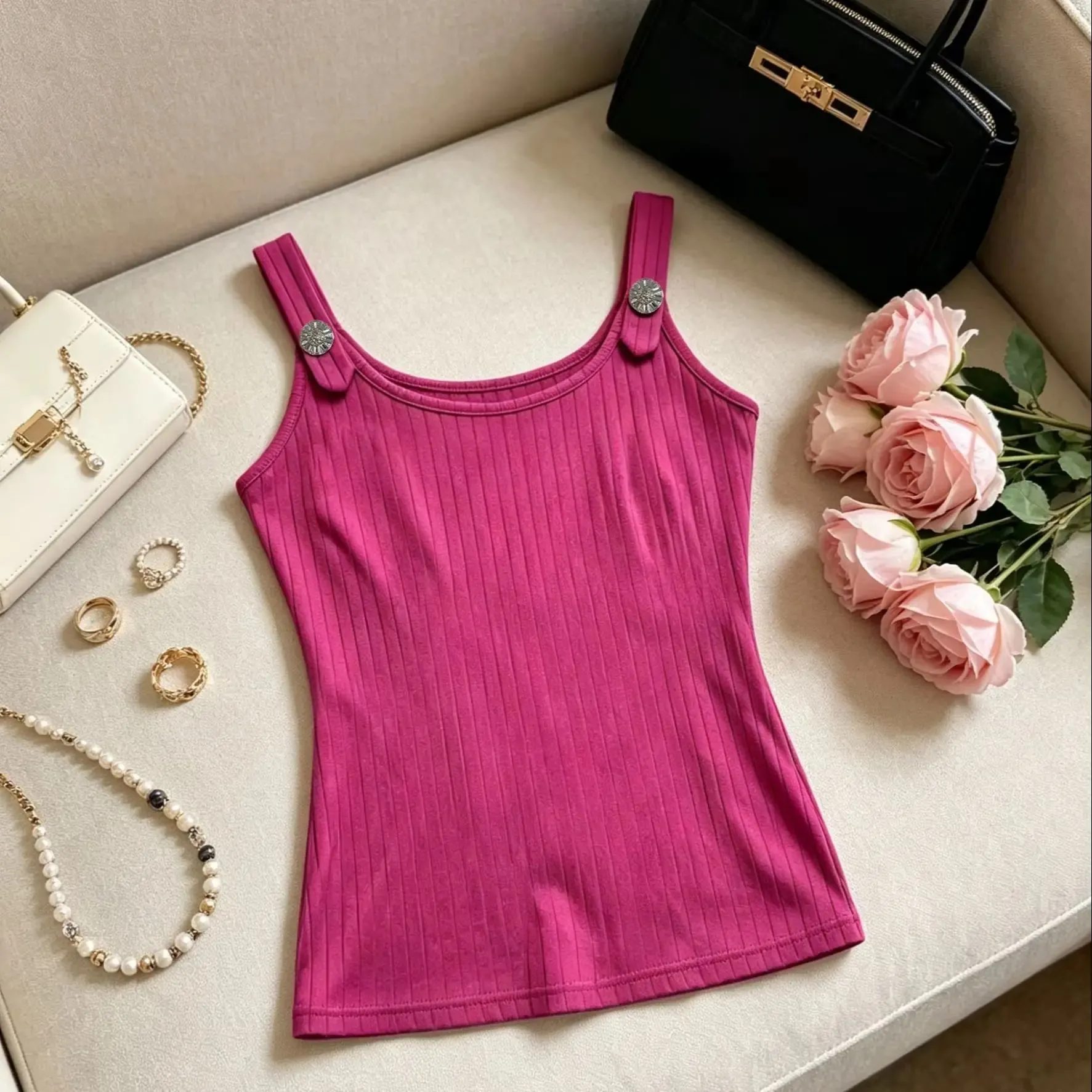 Women Pink Ribbed Tank Top Casual Metal Button Detail U Neck Form Fitting Sleeveless Cami Top — image 8