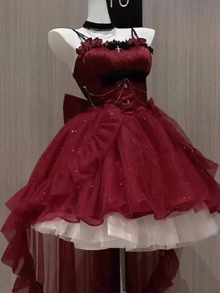Gotisk Röd Lolita JSK Klänning Dam Spaghetti Band Volang Tyll Kjol Kedja Rosett Dekor Hög Låg Fåll Vintage Princess Festklänning — image 3